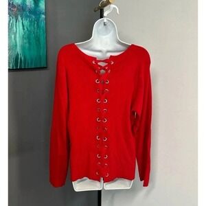 Woman's 1X  Red‎ Pullover Lace-Up Corset Back Long Sleeve V Neck Sweater Stretch